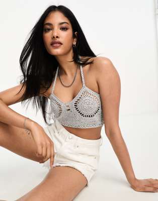 ASOS DESIGN crochet crop tank top in silver