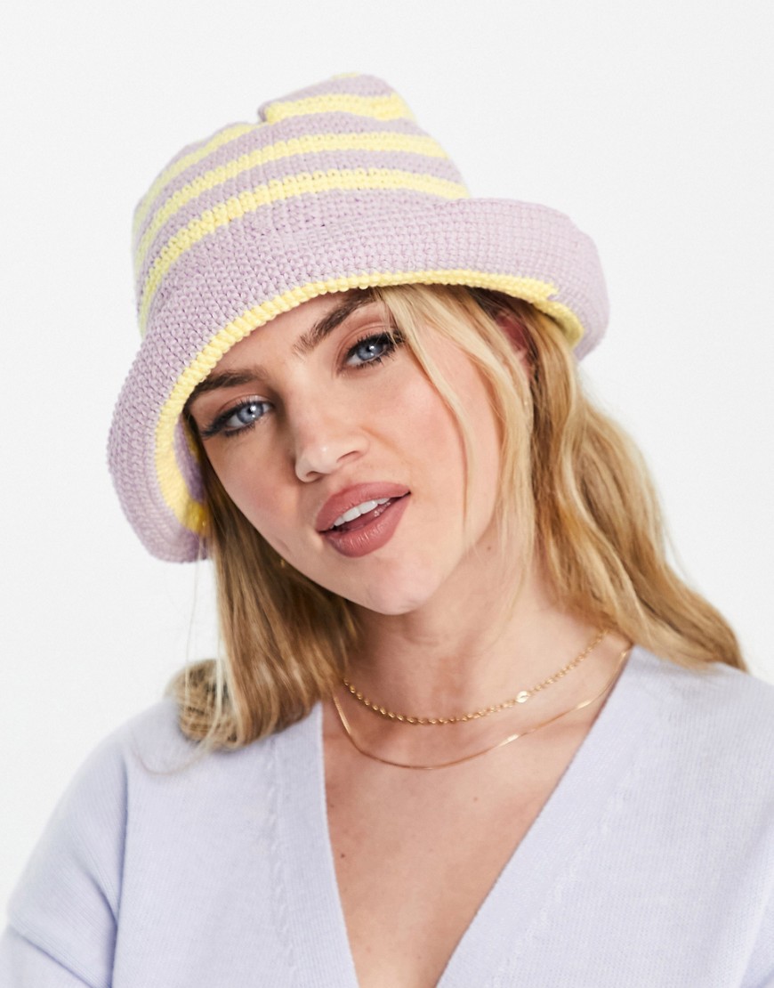 ASOS DESIGN crochet bucket hat in lilac and lemon stripe-Multi