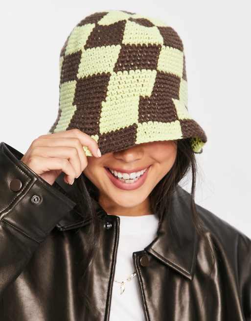 ASOS DESIGN crochet bucket hat in lime and brown checkerboard ASOS