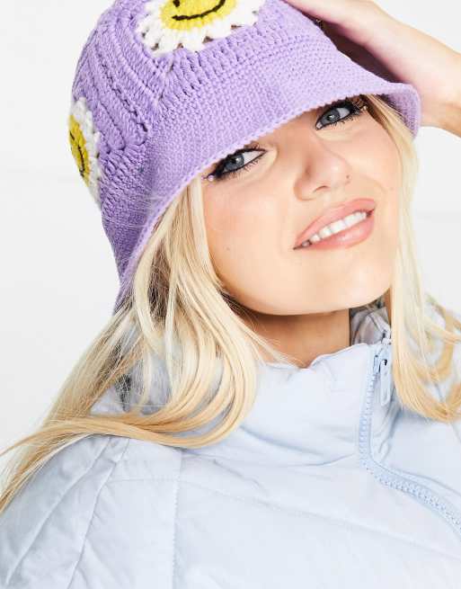 ASOS Crochet Knit Bucket Hat in Purple