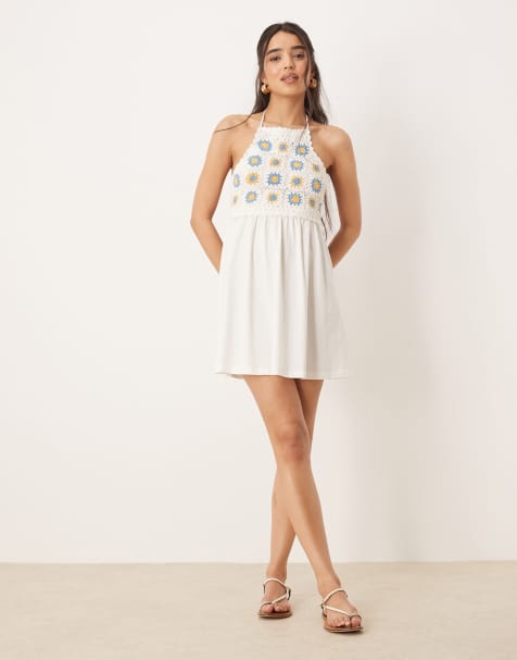 ASOS DESIGN crochet bust halter mini dress in cream - view 1