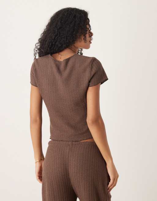 ASOS DESIGN crochet button through short sleeve top in brown (part of a set), 4 of 4
