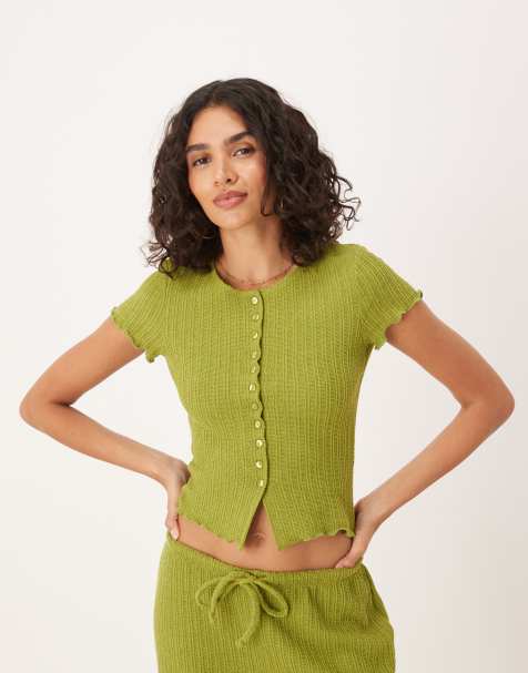 ASOS DESIGN crochet button-through short sleeve top in green (Part of a set) - view 1