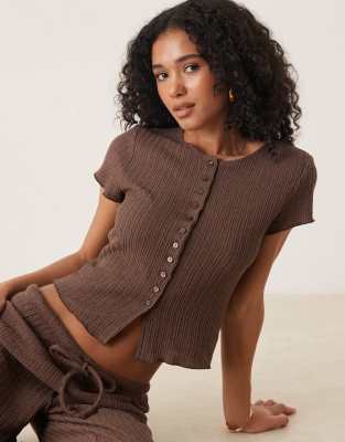 Asos Design Crochet Button Up Short Sleeve Top In Brown