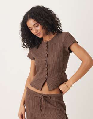 Asos Design Crochet Button Up Short Sleeve Top In Brown