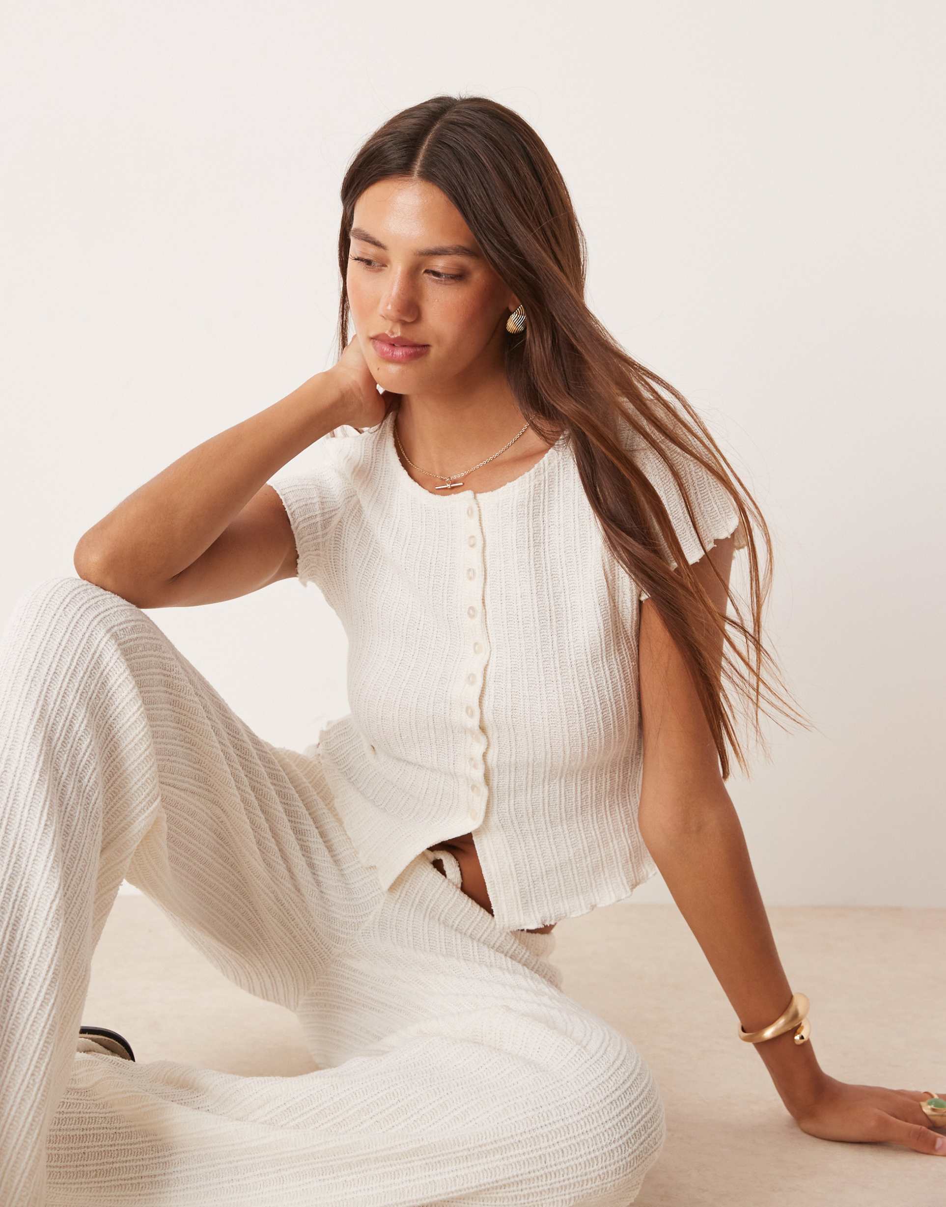 asos design crochet button up short sleeve top in cream - part of a set