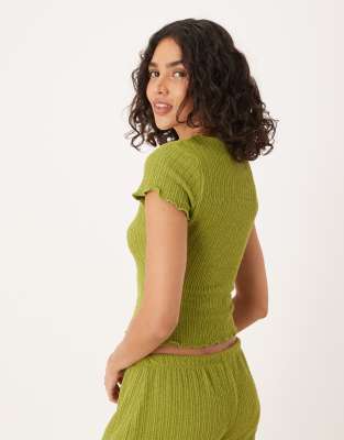 Asos Design Crochet Button Up Short Sleeve Top In Green