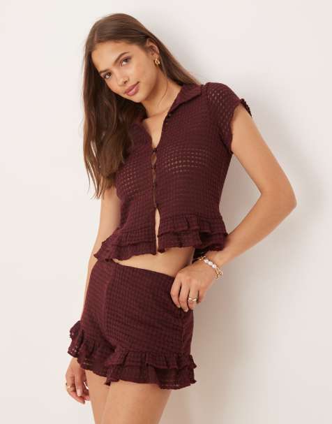ASOS DESIGN crochet button up top with ruffle sleeves and hem in berry - part of a set - view 1