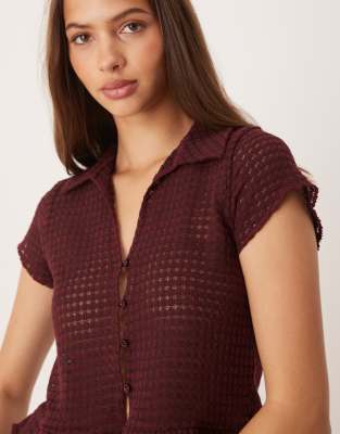 Asos Design Crochet Button Up Top With Ruffle Sleeves And Hem In Red