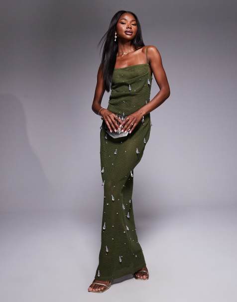 ASOS DESIGN crochet cami midi dress with iridescent droplet sequins in khaki - view 1
