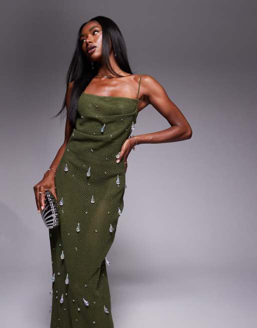 ASOS DESIGN crochet cami midi dress with iridescent droplet sequins in khaki