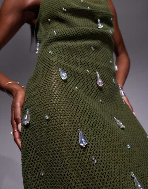 ASOS DESIGN crochet cami midi dress with iridescent droplet sequins in khaki