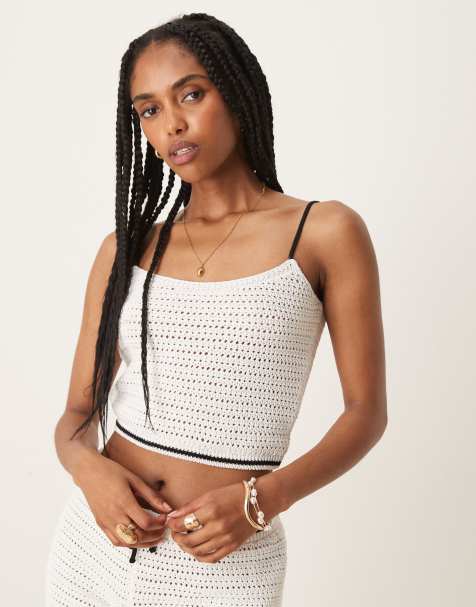 ASOS DESIGN crochet cami top with contrast straps in ecru (Part of a set) - view 1