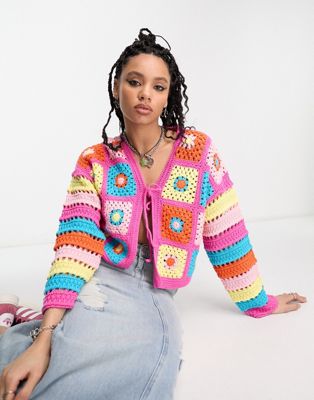 ASOS DESIGN crochet cardigan with contrast stripe sleeve