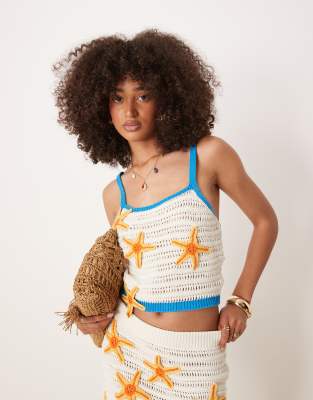 Asos Design Crochet Crop Top With Applique Starfish - Part Of A Set-white