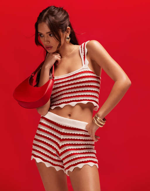 ASOS DESIGN crochet crop top with square neck & crochet shorts set in red stripe