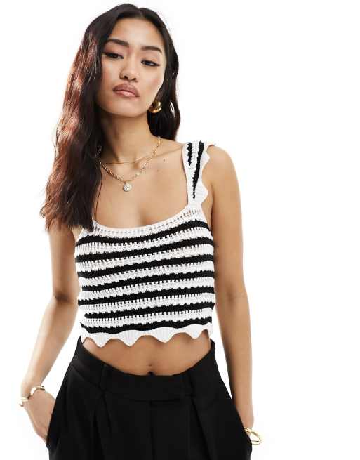 ASOS DESIGN crochet crop top with square neck in black and white stripe