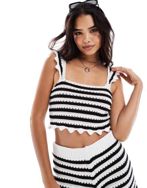 ASOS DESIGN crochet crop top with square neck in black stripe (part of a set)
