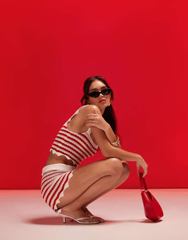 ASOS DESIGN crochet crop top with square neck in red stripe - part