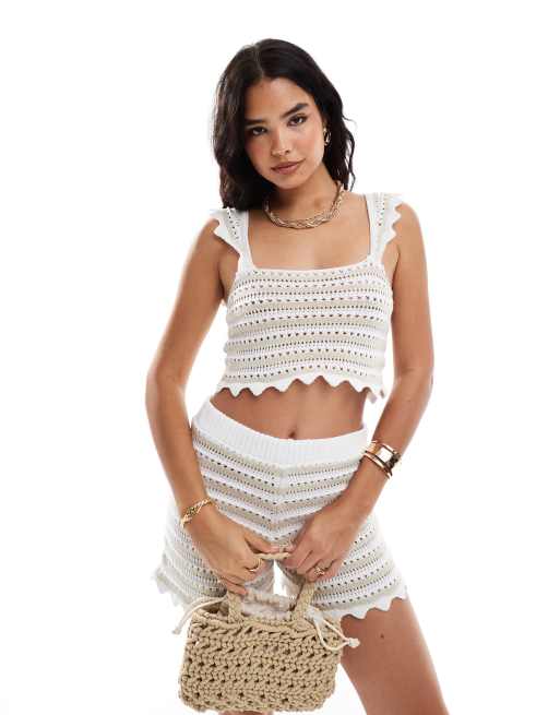 ASOS DESIGN crochet crop top with square neck in red stripe - part of a set
