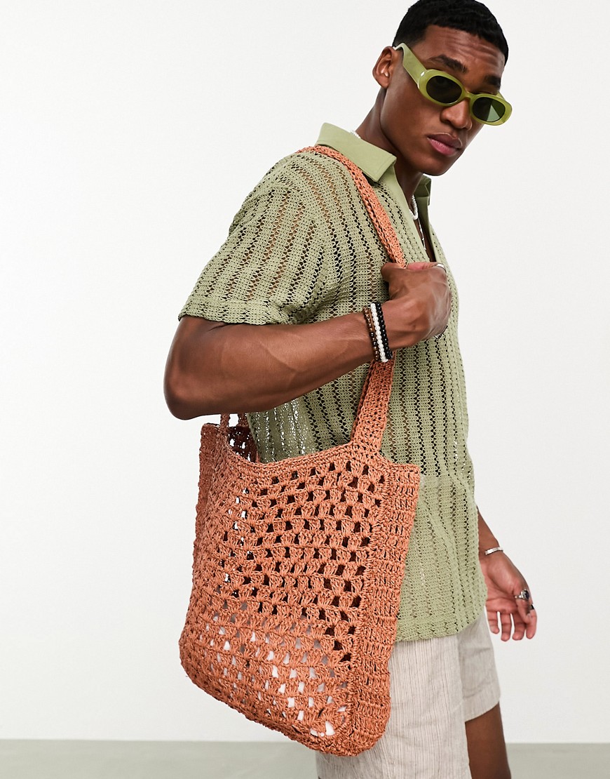 ASOS DESIGN crochet cross body tote bag in brown