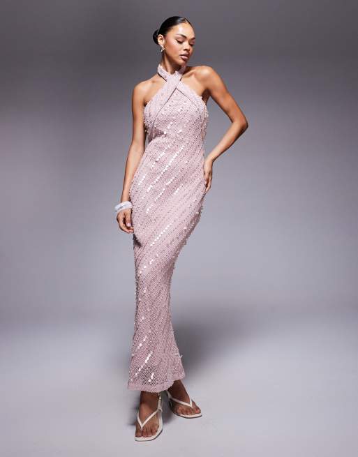 ASOS DESIGN crochet cross front maxi dress with sequin and pearl embellishment in light pink
