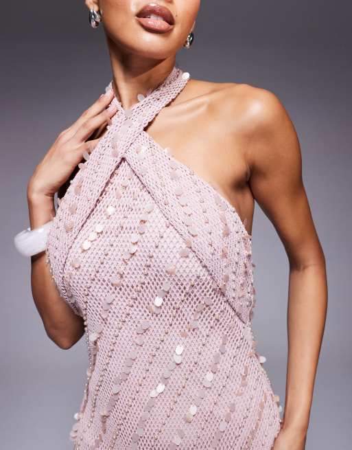 ASOS DESIGN crochet cross front maxi dress with sequin and pearl embellishment in light pink