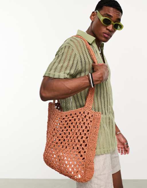 ASOS DESIGN crochet crossbody tote bag in brown