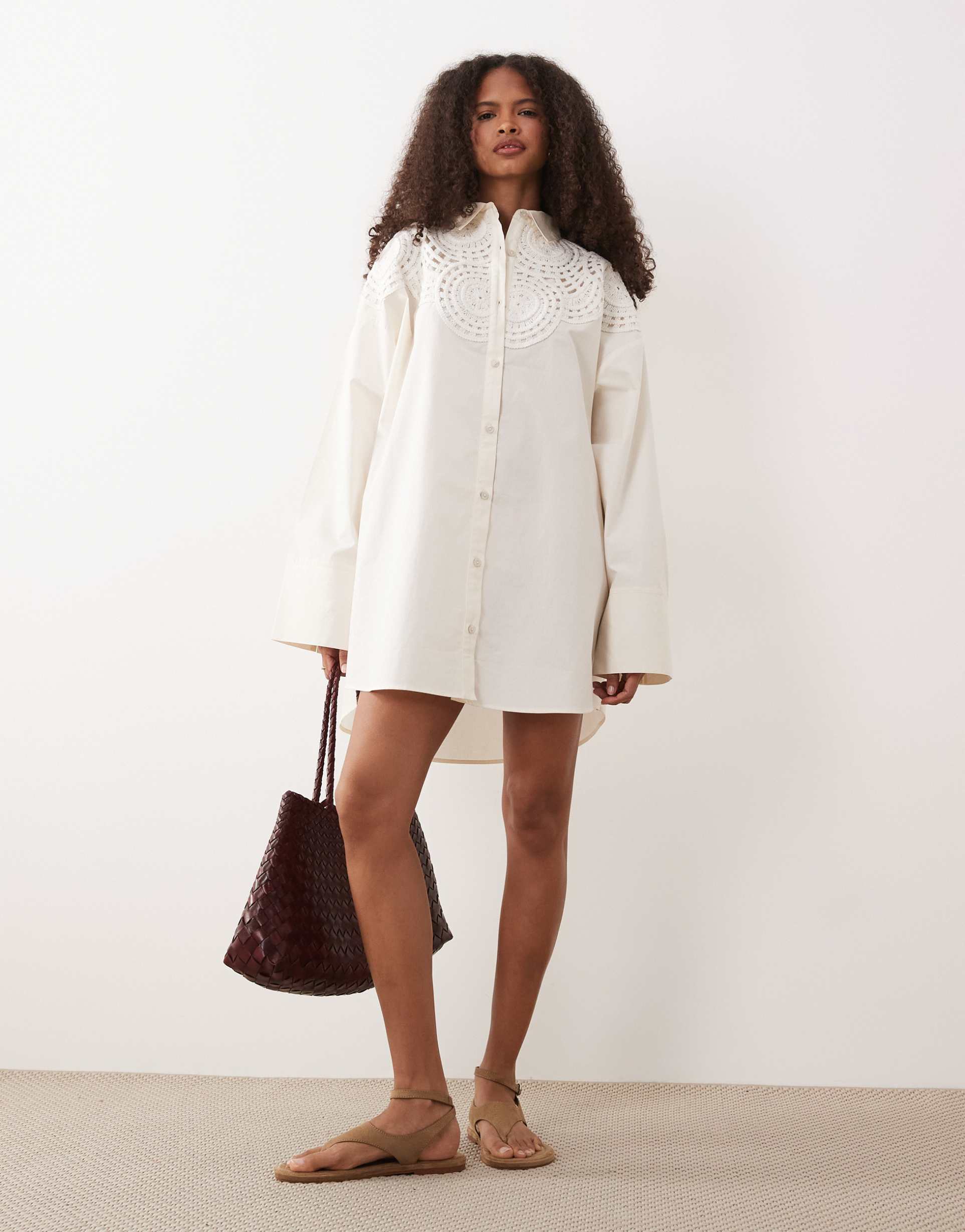 asos design crochet detail mini shirt dress in cream