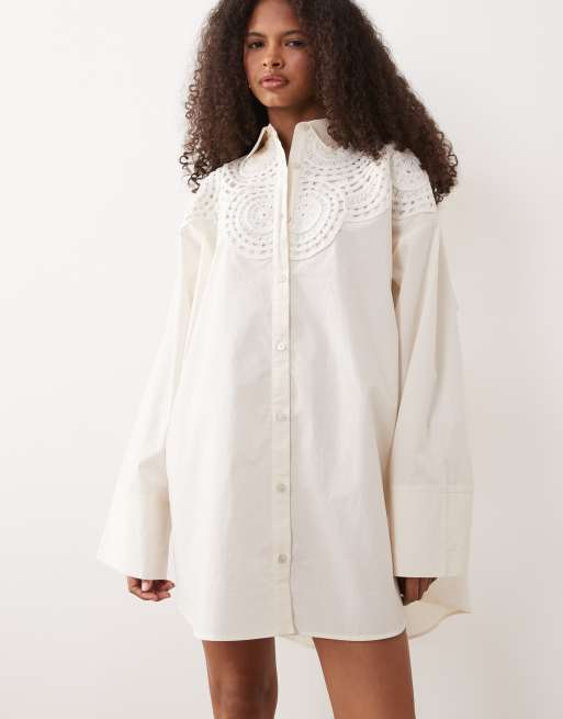 ASOS DESIGN crochet detail mini shirt dress in cream, 2 of 4