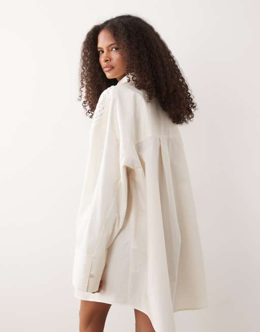 ASOS DESIGN crochet detail mini shirt dress in cream, 3 of 4