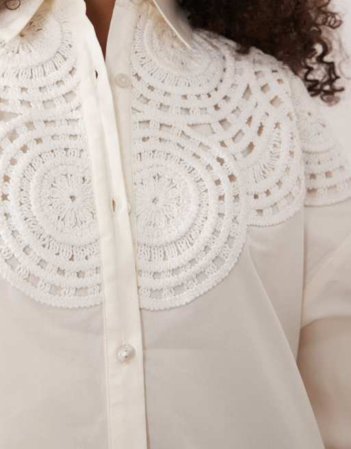 ASOS DESIGN crochet detail mini shirt dress in cream, 4 of 4