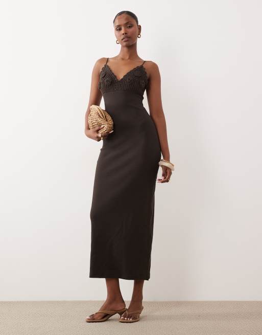 ASOS DESIGN crochet detail strappy midi dress in chocolate, 2 of 4