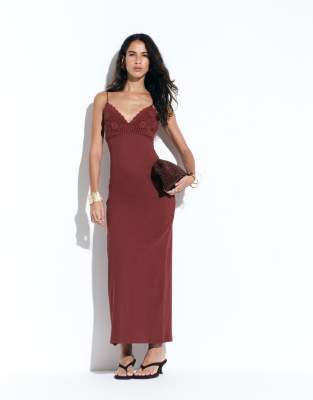 Asos Design Crochet Detail Strappy Midi Dress In Brown