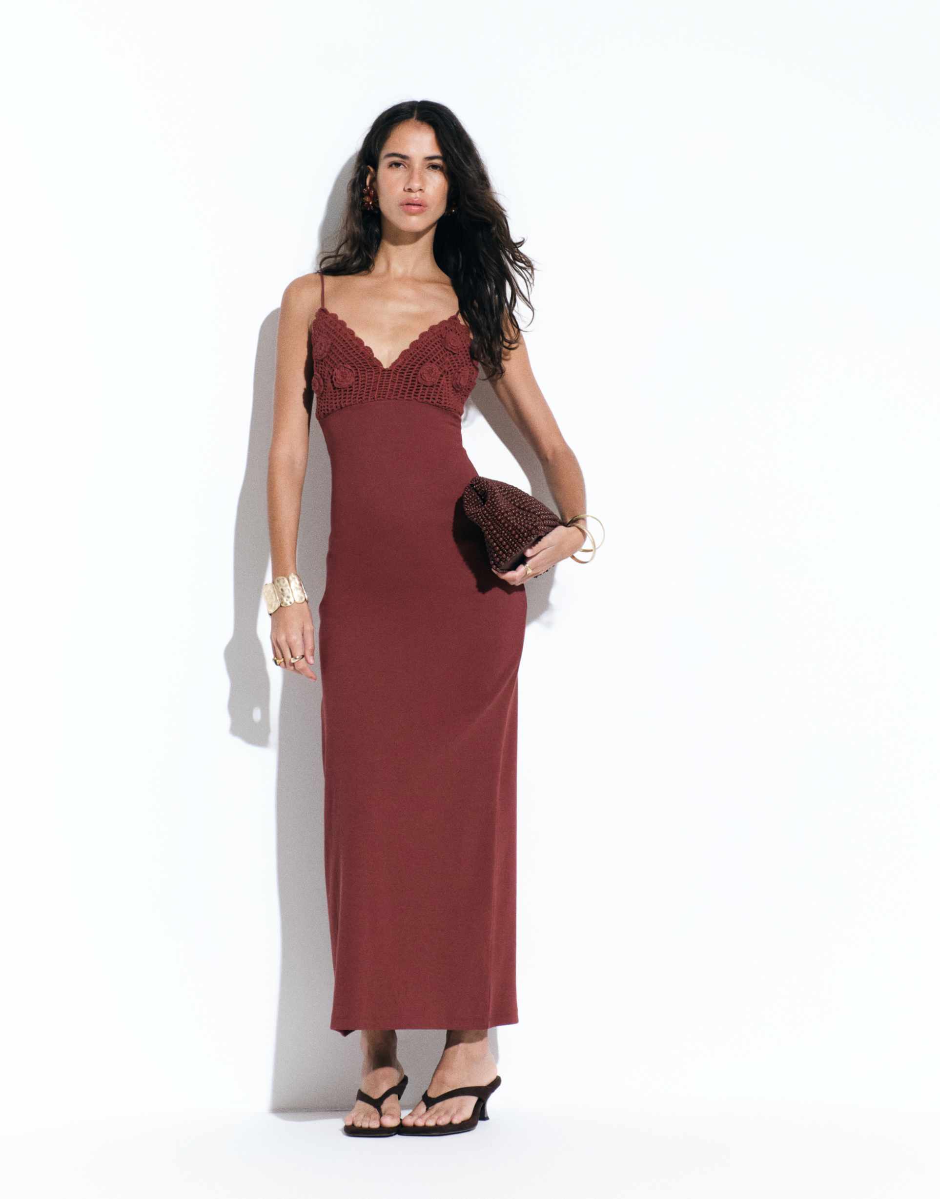 asos design crochet detail strappy midi dress in rust