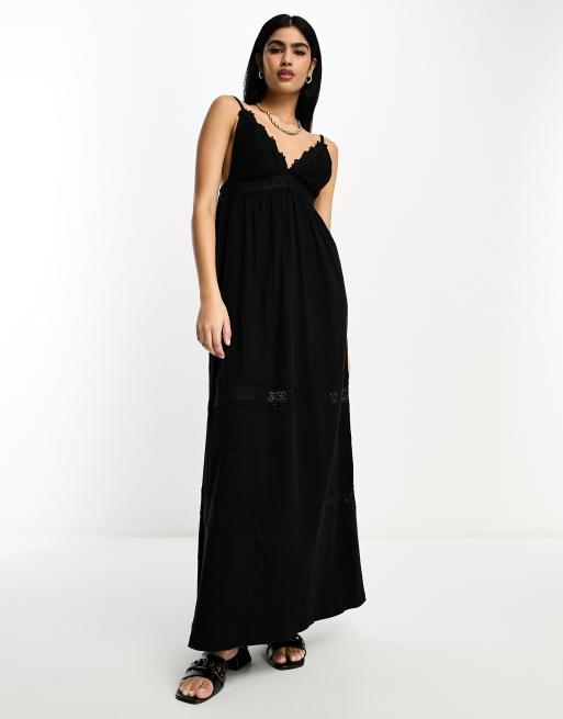 Miss selfridge tiered maxi dress hotsell with lace detail in black