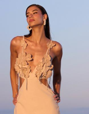 Asos Design Crochet Embellished Bust Cut Out Linen Look Maxi Dress In Neutral