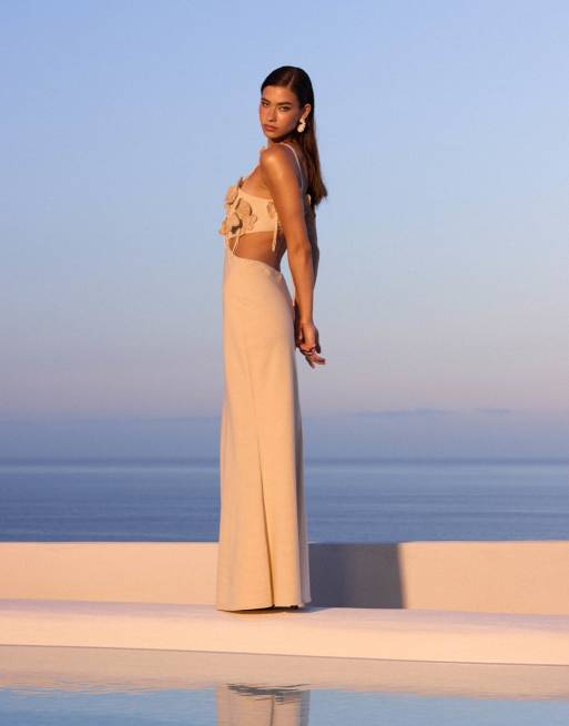 ASOS DESIGN crochet embellished bust cut out maxi dress in linen in sand