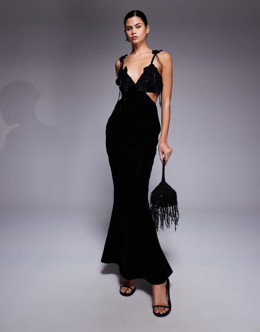 ASOS DESIGN crochet embellished bust cut out maxi dress in velvet in black