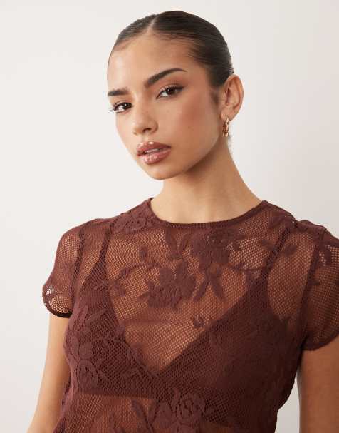 ASOS DESIGN crochet floral lace baby tee in chocolate - part of a set - view 1