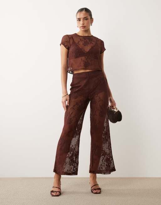 ASOS DESIGN crochet floral lace baby tee and flare pants set in chocolate, 3 of 3