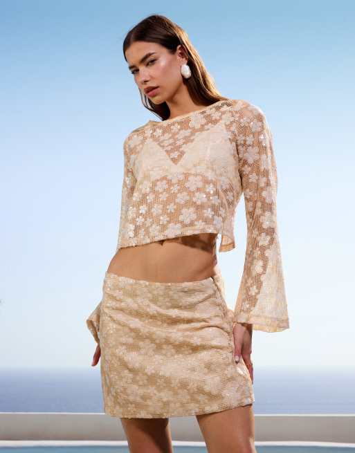 ASOS DESIGN crochet floral sequin mini skirt in cream - part of a set