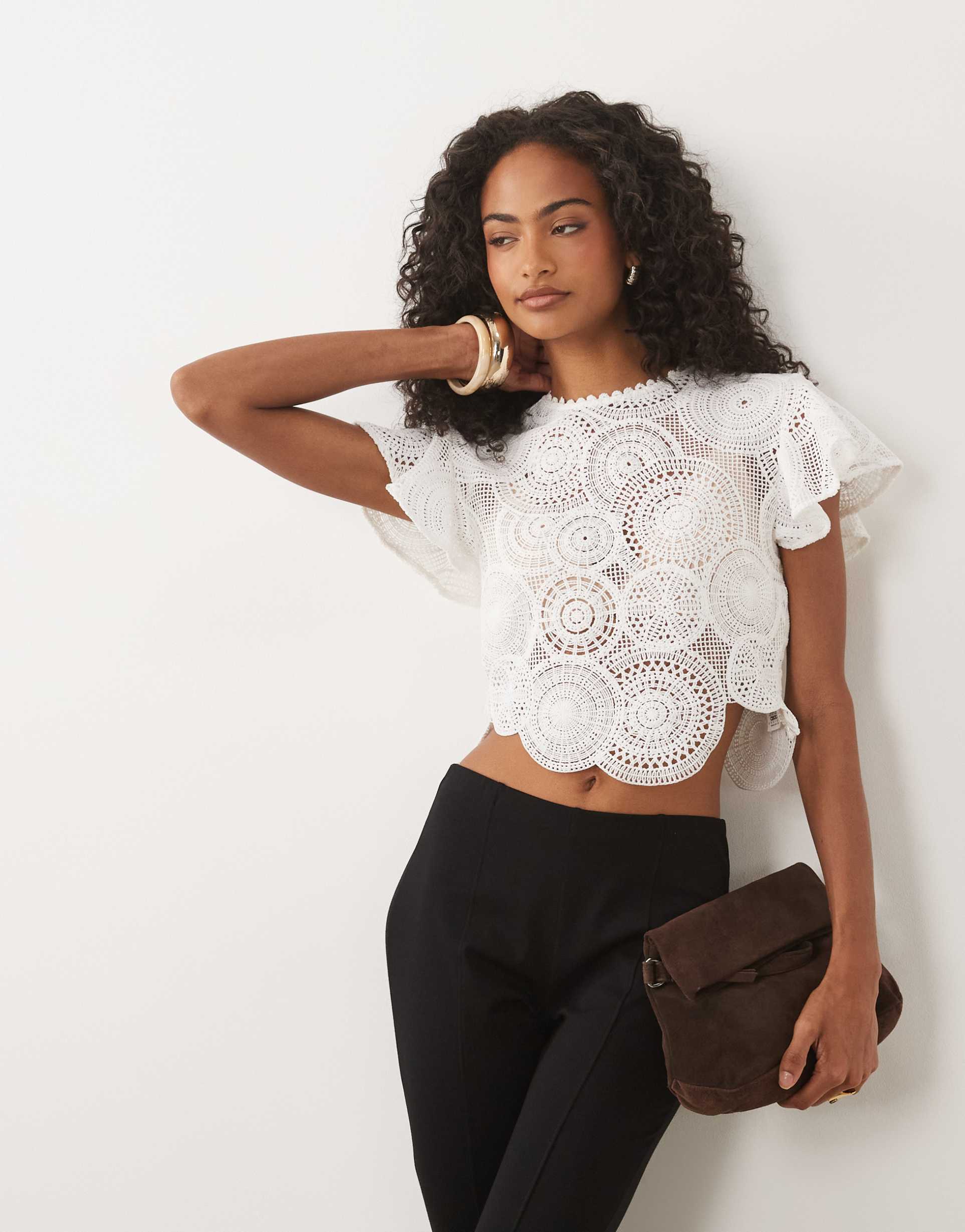 asos design crochet flutter sleeve high neck top in ivory