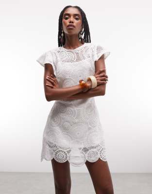 Asos Design Crochet Flutter Sleeve Mini Dress In White