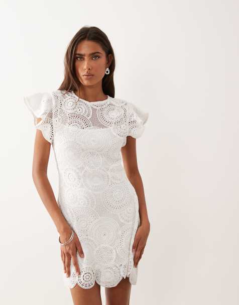 ASOS DESIGN crochet flutter sleeve mini dress in ivory scuba-style fabric