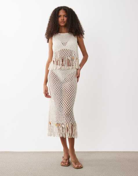 ASOS DESIGN crochet fringed beaded skirt in white - view 1