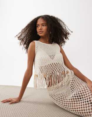 Asos Design Crochet Fringed Beaded Top In Multi