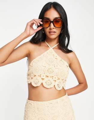 Asos Design Crochet Halter Crop Top In Apricot - Part Of A Set-orange