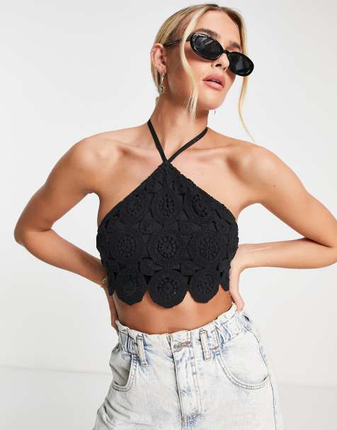 ASOS DESIGN crochet halter crop top in black | ASOS