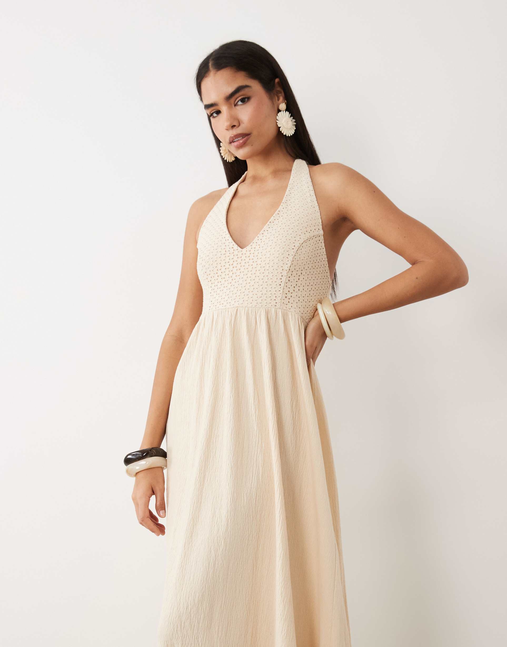 asos design crochet halter midi dress in neutral